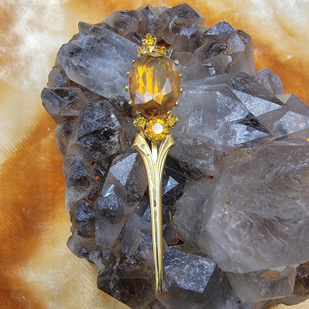 Vintage Amber Czech Glass Rhinestone Brooch Lapel Pin Austria Gold Tone RARE #84
